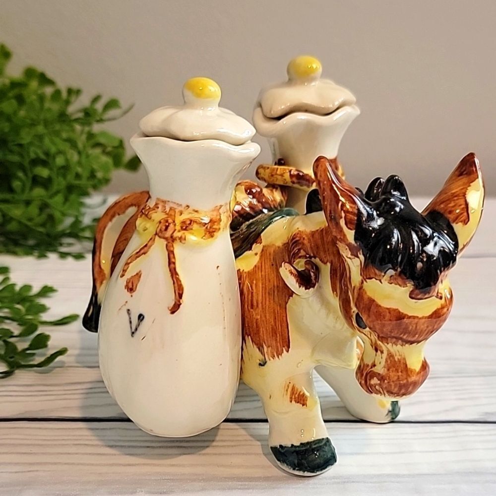 Vintage pack mule vinegar and oil set in porcelain